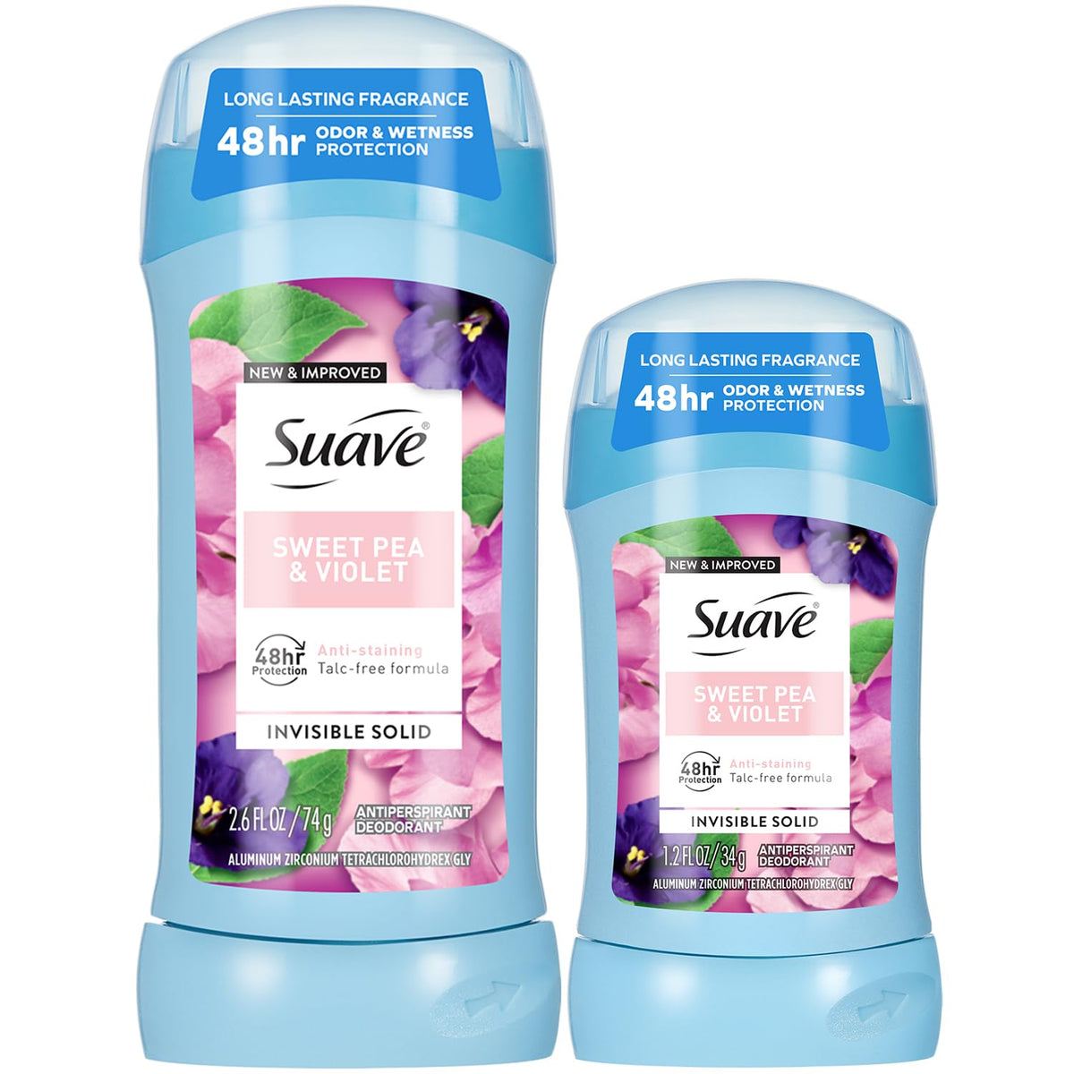 Suave front packaging showing Sweet Pea & Violet scent and benefits