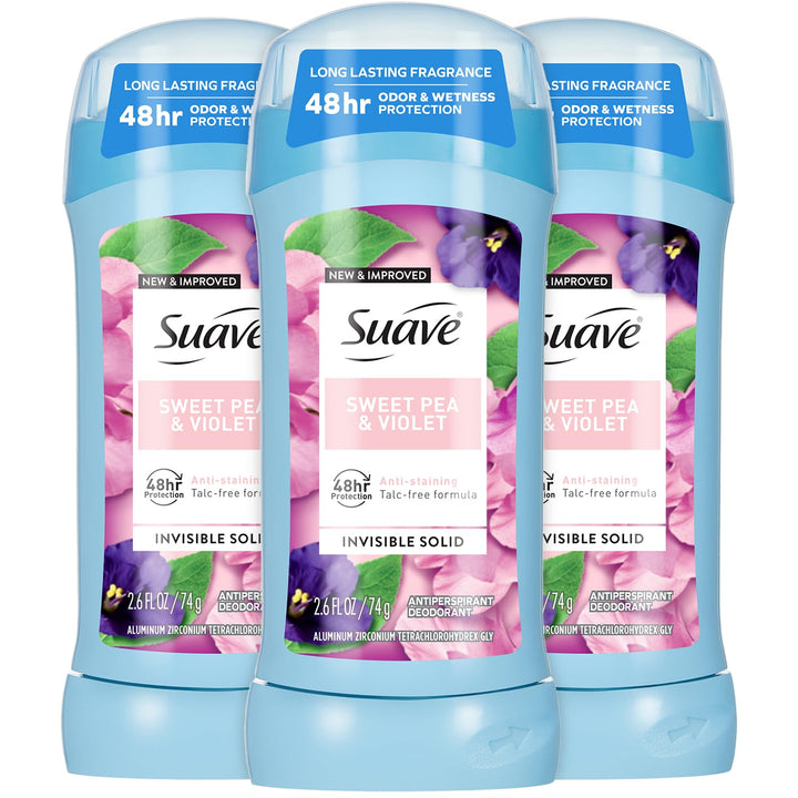 Suave front packaging showing sweet pea violet scent and benefit of clear protection