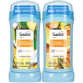 Suave front packaging showing both Tropical Paradise and Mango Citrus, convenient two-pack