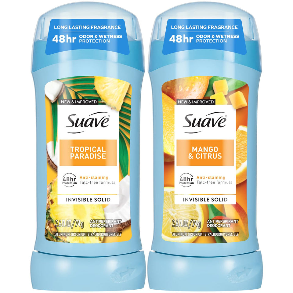 Suave front packaging showing both Tropical Paradise and Mango Citrus, convenient two-pack