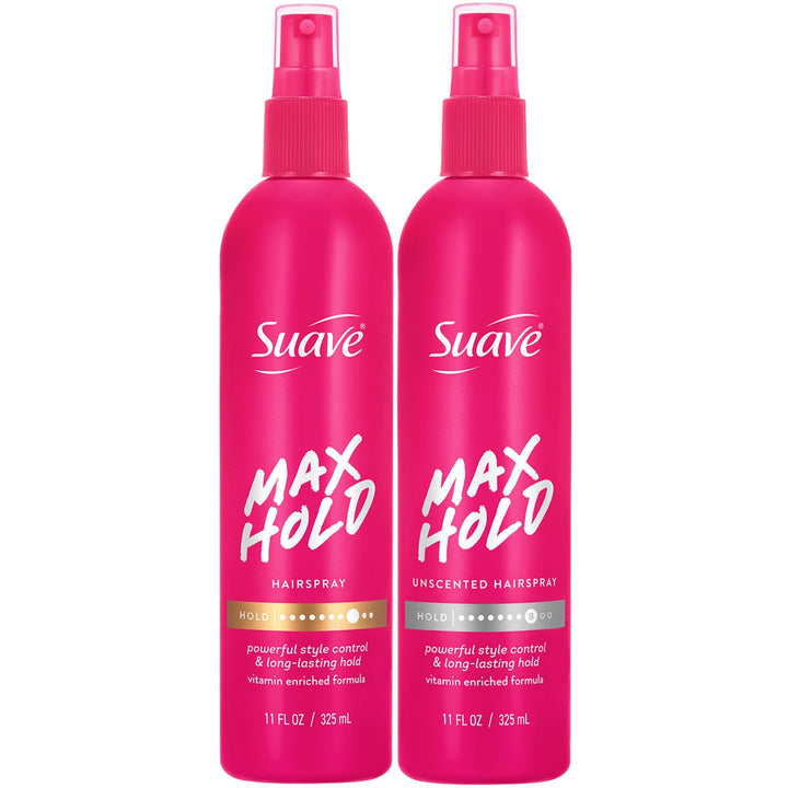 Suave front packaging two cans showing both scented and unscented options and clear hold