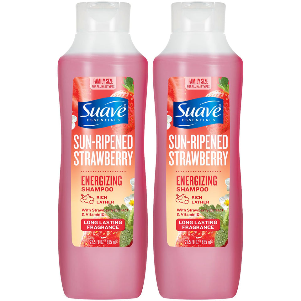 Suave front packaging showing two 22.5 oz bottles and strawberry visuals for convenience