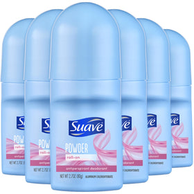 Suave front packaging showing powder fresh scent and 6-pack convenience