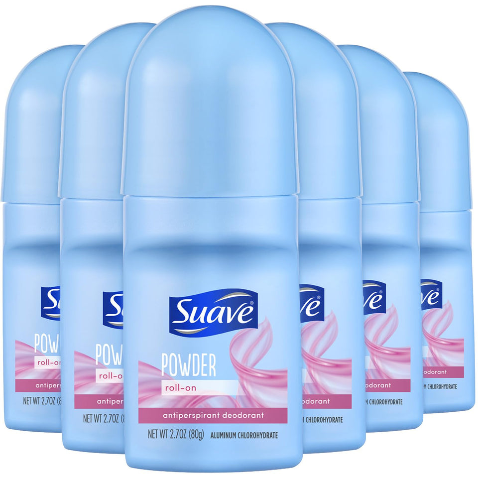 Suave front packaging showing powder fresh scent and 6-pack convenience