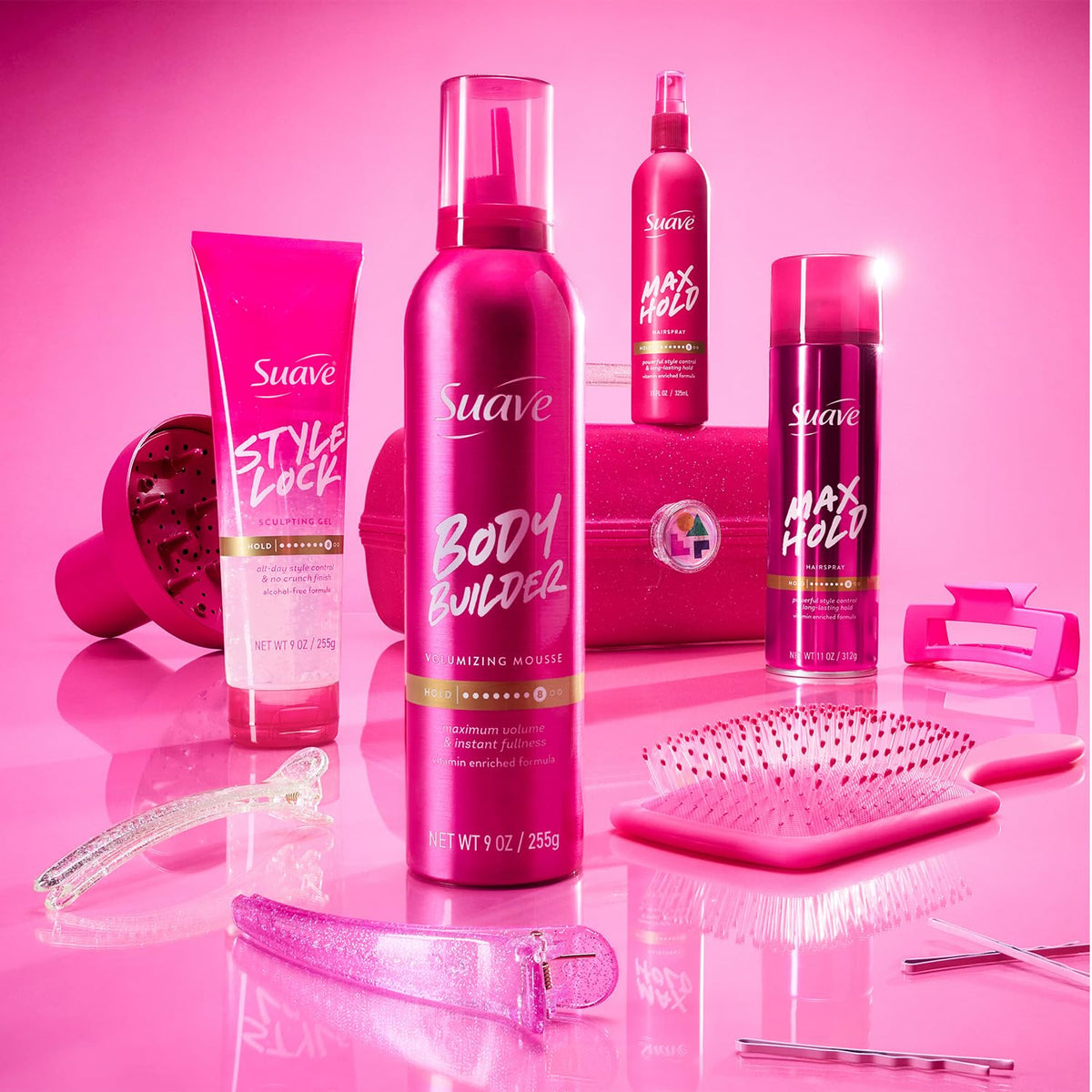 Suave hairspray in use on an elegant updo delivering sleek finish and secure hold