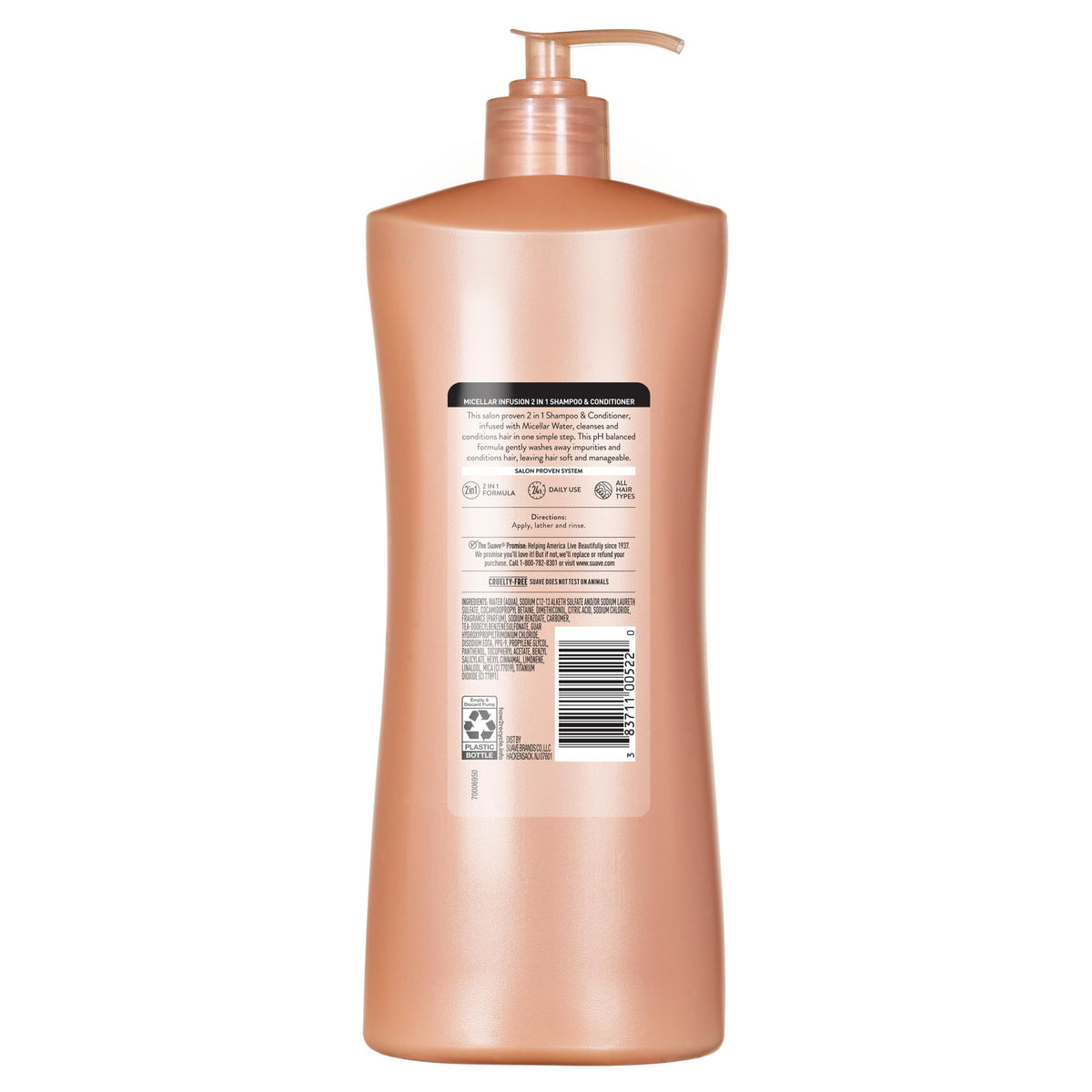 Suave in-shower use with water demonstrating easy 2-in-1 cleansing and rinsing