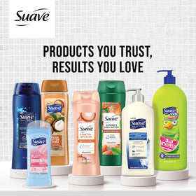 Suave label highlighting essential oils and clean ingredients, gentle fragrance benefit