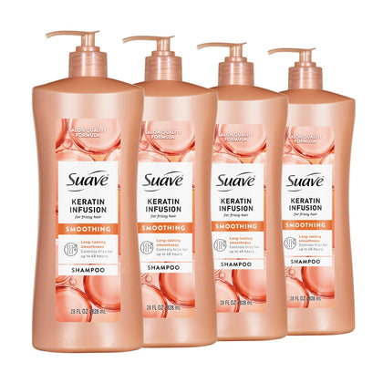 Suave keratin bottle front showing label and 28 fl oz pump for easy use