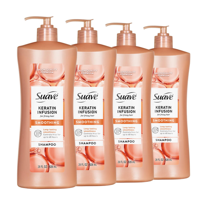 Suave keratin bottle front showing label and 28 fl oz pump for easy use