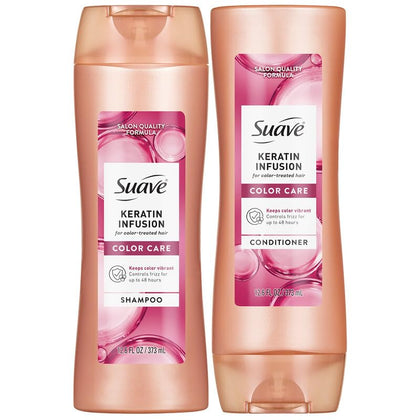 Suave keratin front packaging showing bottles and benefits