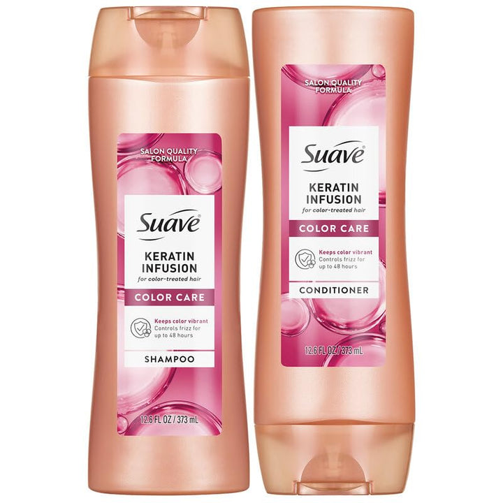 Suave keratin front packaging showing bottles and benefits