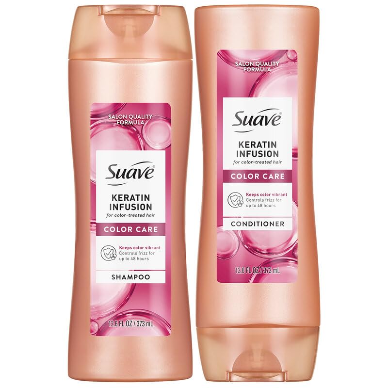 Suave keratin front packaging showing bottles and benefits