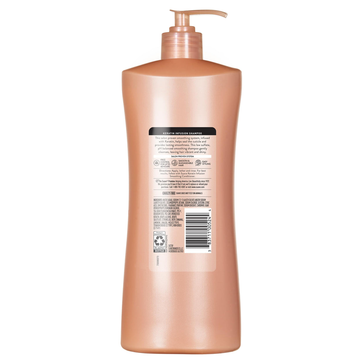 Hand holding Suave keratin bottle to show scale and single-hand control