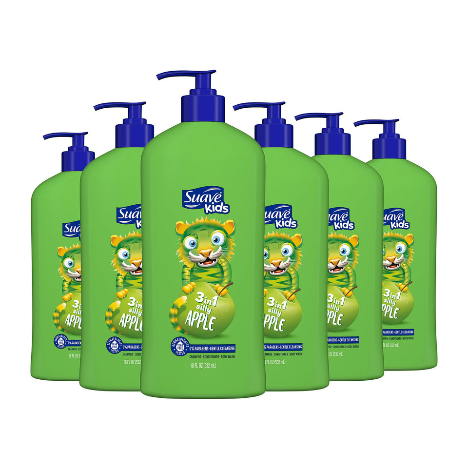 Suave bottle front packaging showing apple scent and kid friendly label for convenience