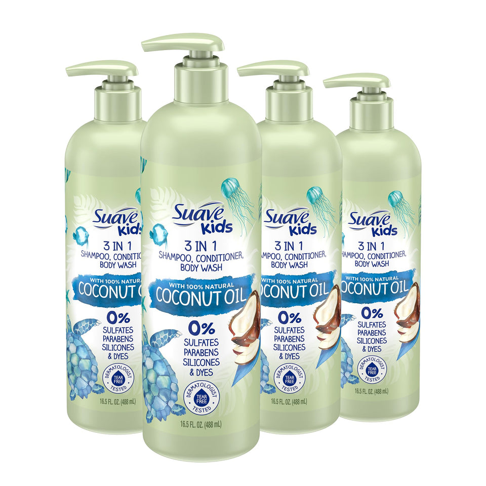 Suave kids bottle front packaging showing coconut oil formula and pack benefits