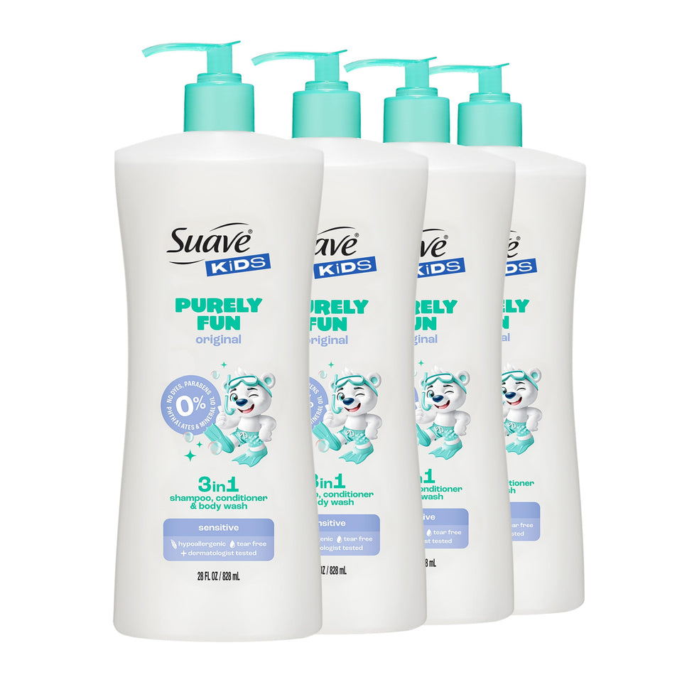 Suave Kids front packaging showing playful shark Finley and size information
