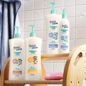 Suave Kids label close-up showing hypoallergenic and no-dyes callouts