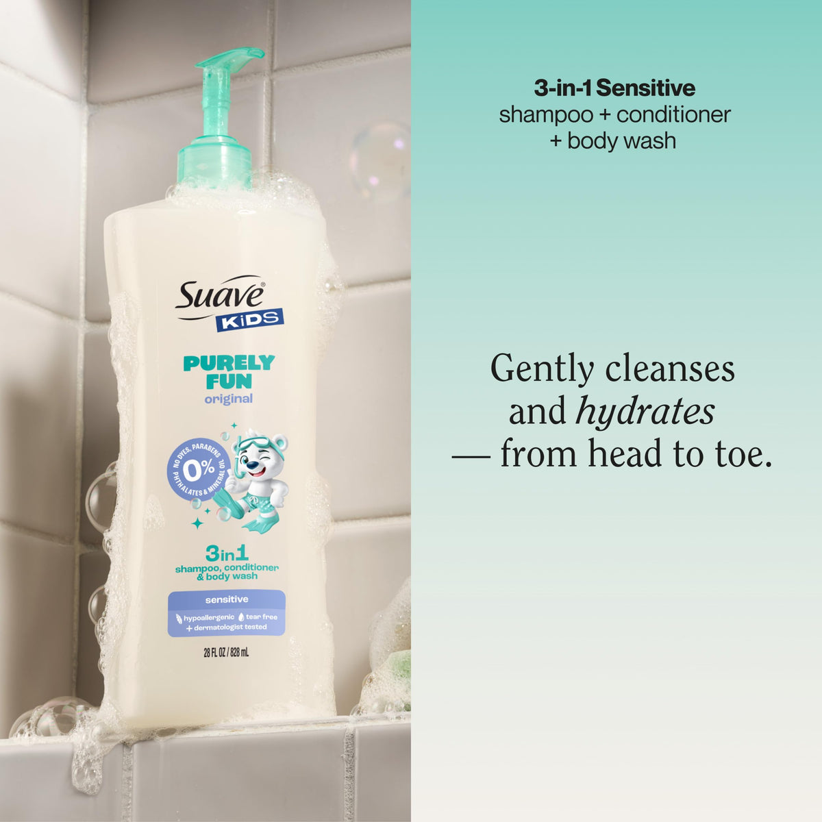 Suave Kids pump detail for easy dispense and quick bath routines