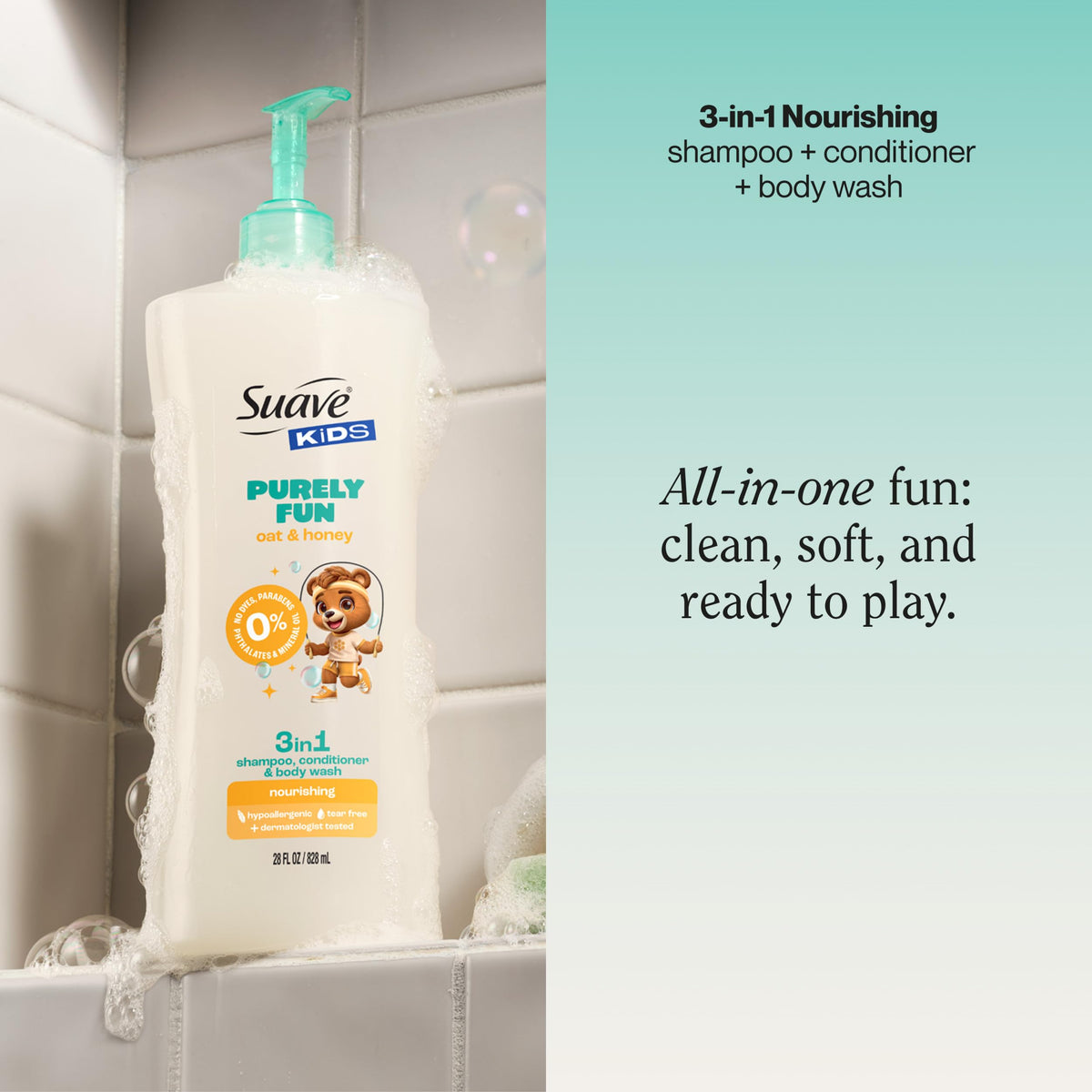 Suave back label with ingredient and safety information visible for parental reassurance