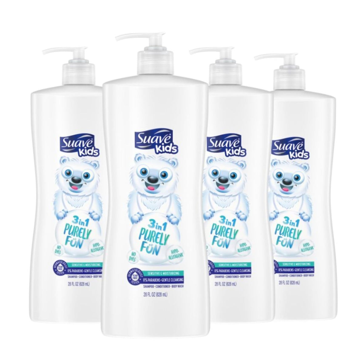 Suave kids front packaging showing bottle and cheerful design for quick baths