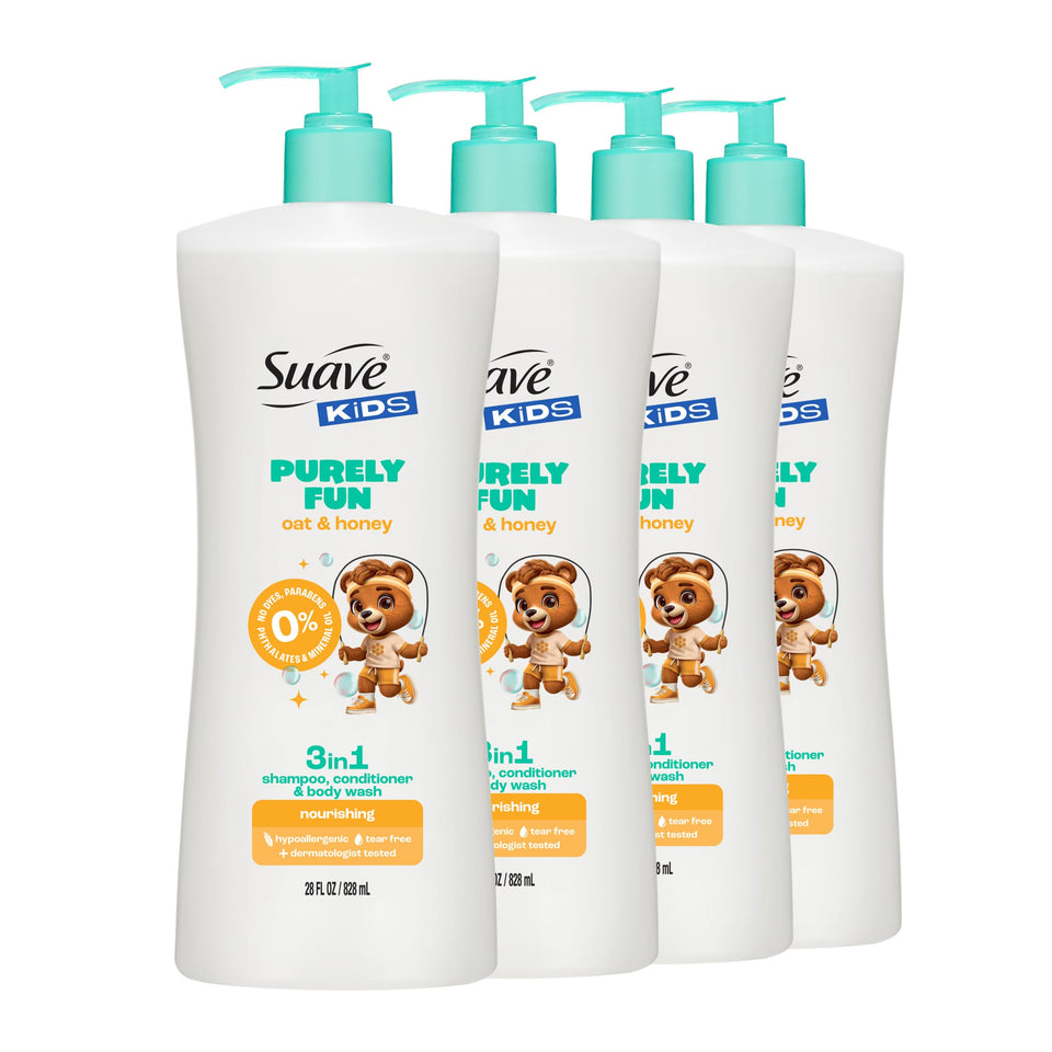 Suave bottle front packaging showing design and kid-friendly branding for quick identification