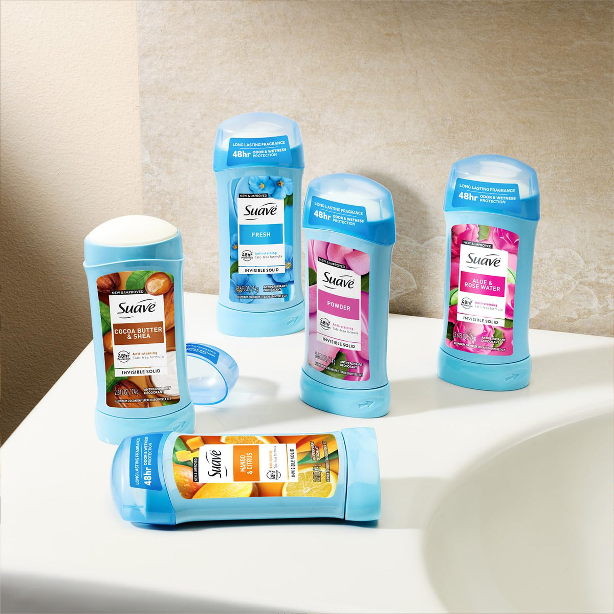 Suave label detail with ingredients and talc-free claim, supports informed choice