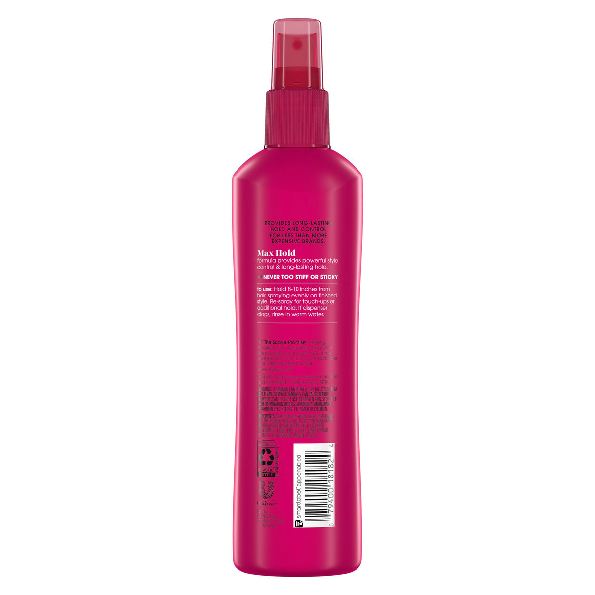 Suave Max Hold 8 non-aerosol label detail emphasizing controlled application benefit
