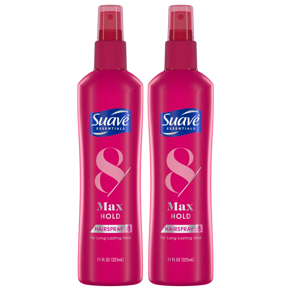 Suave Max Hold 8 front packaging showing bottle and branding benefit: firm hold