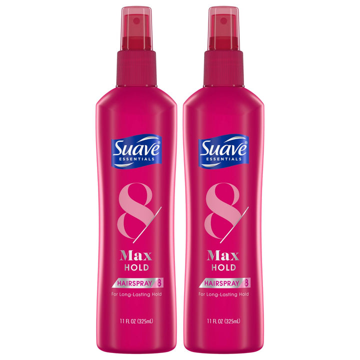 Suave Max Hold 8 front packaging showing bottle and branding benefit: firm hold
