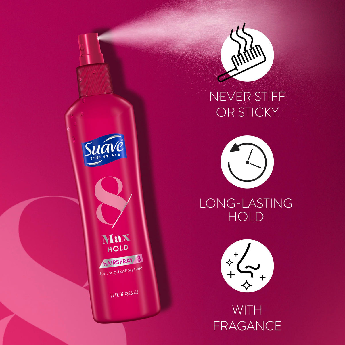 Suave Max Hold 8 spray texture on hair demonstrating smooth finish and anti-frizz benefit