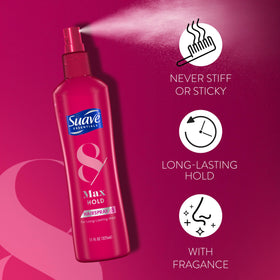 Suave Max Hold 8 spray texture on hair demonstrating smooth finish and anti-frizz benefit