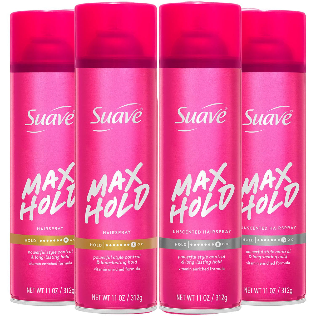 Suave max hold front packaging showing four 11 oz cans and bundle benefits