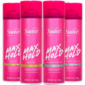 Suave max hold front packaging showing four 11 oz cans and bundle benefits