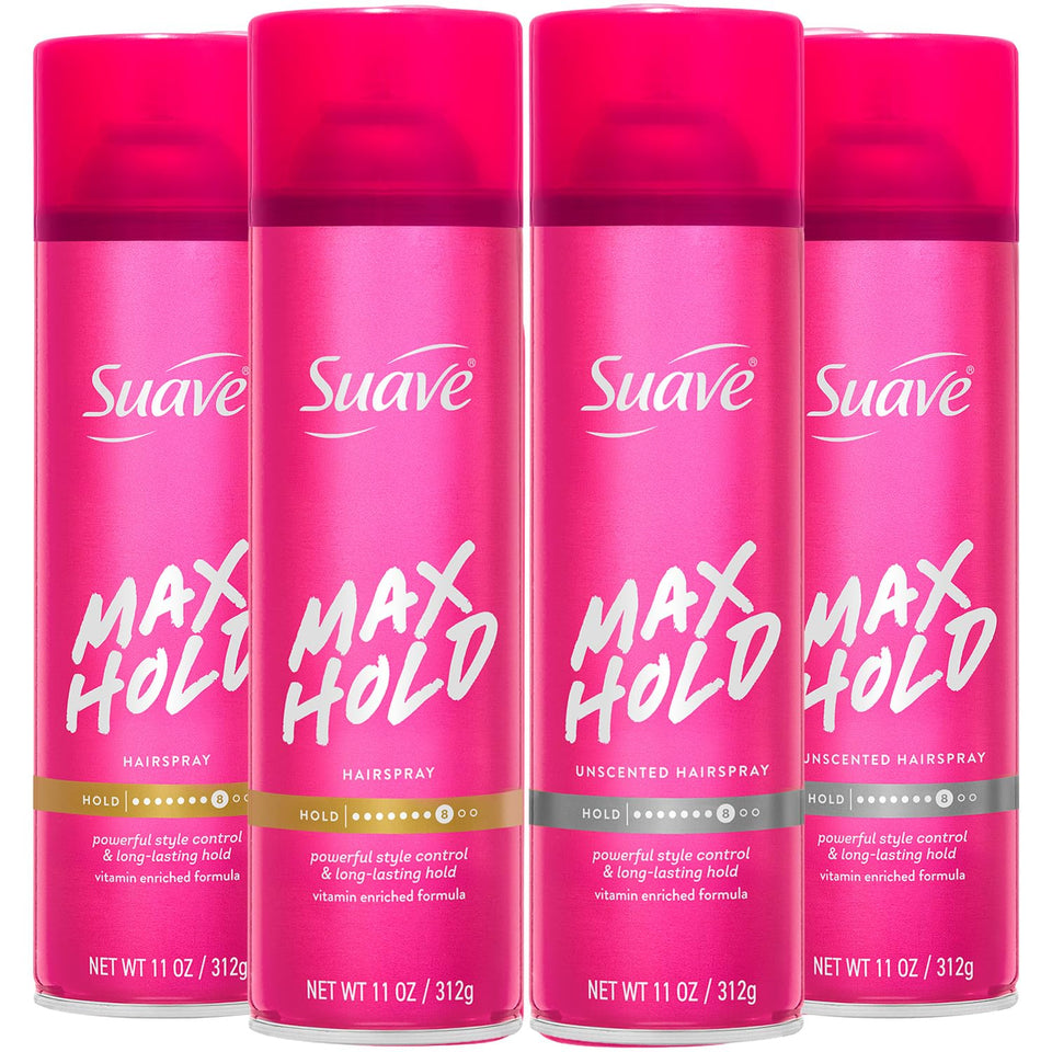 Suave max hold front packaging showing four 11 oz cans and bundle benefits