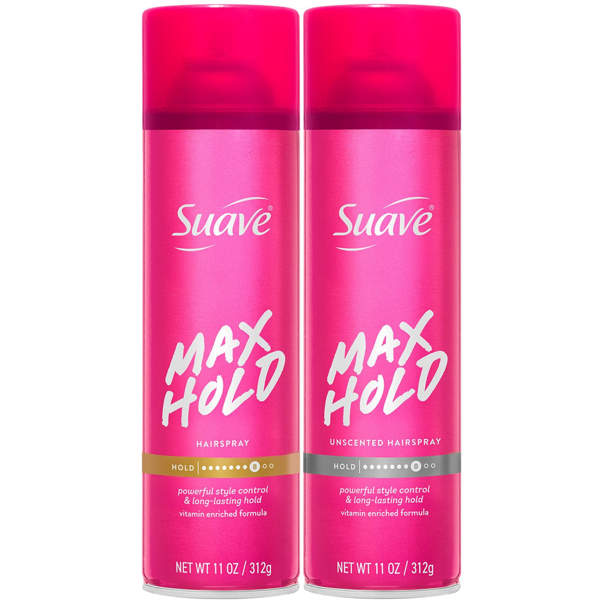 Suave max hold front packaging showing both scented and unscented cans for reliable styling
