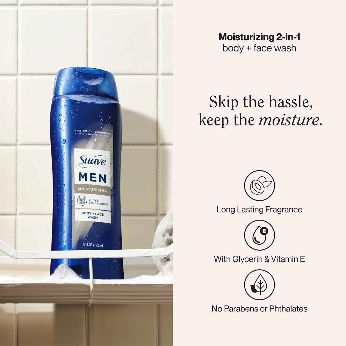 Close-up of Suave label highlighting moisturizing 2-in-1 ingredients and claims