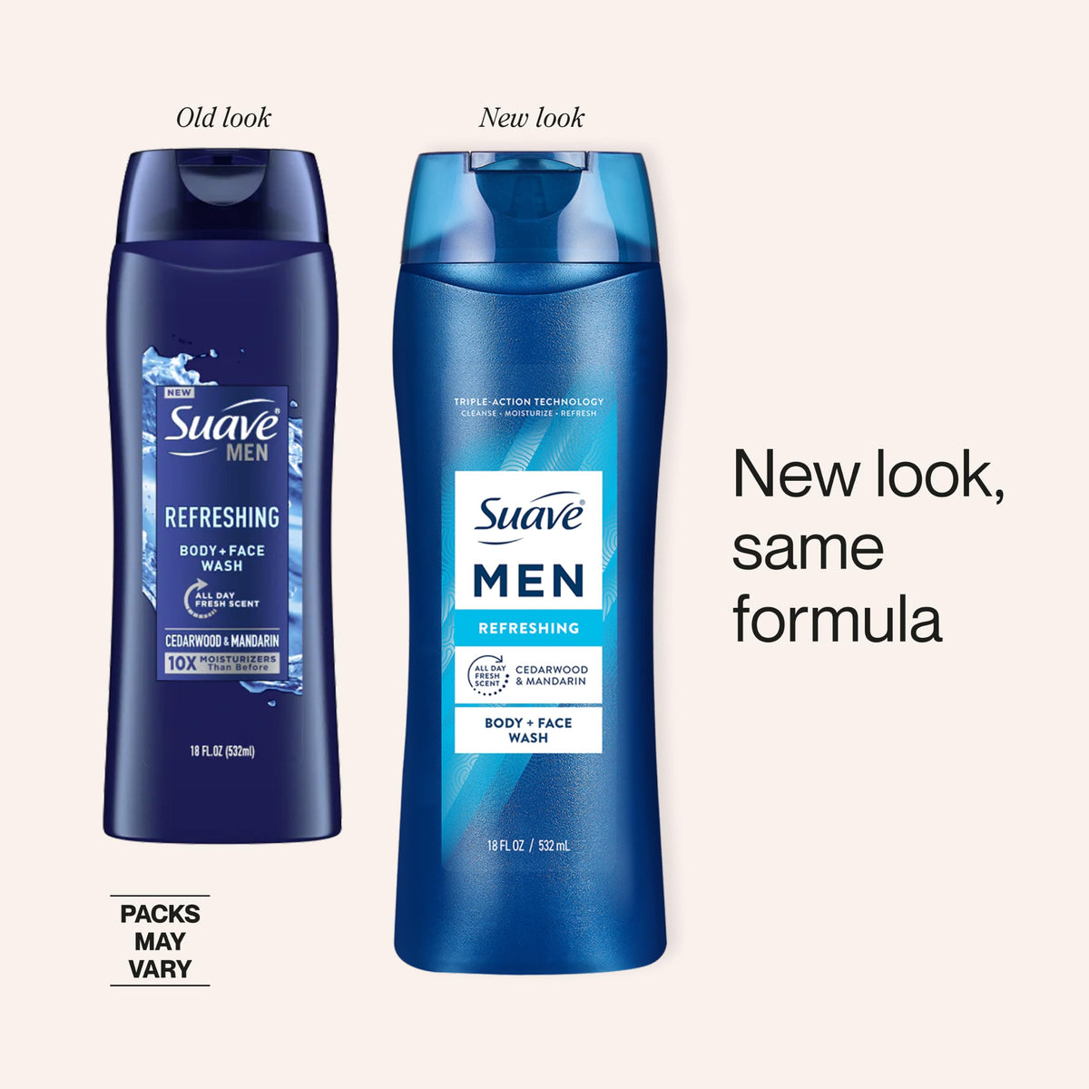 Suave men bottle in hand demonstrating 18 oz scale and travel convenience benefit