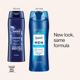 Suave men bottle in hand demonstrating 18 oz scale and travel convenience benefit