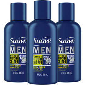 Suave front packaging showing Citrus Rush travel bottle and benefits