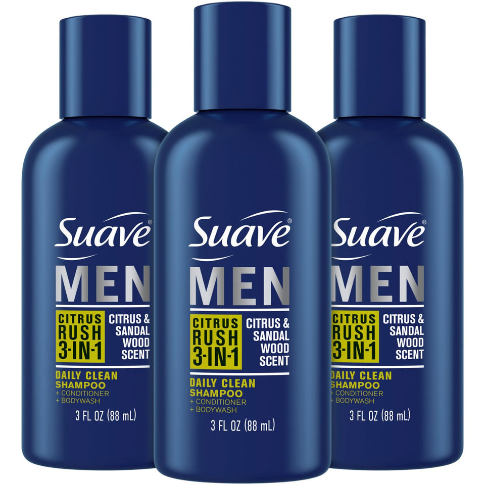 Suave front packaging showing Citrus Rush travel bottle and benefits