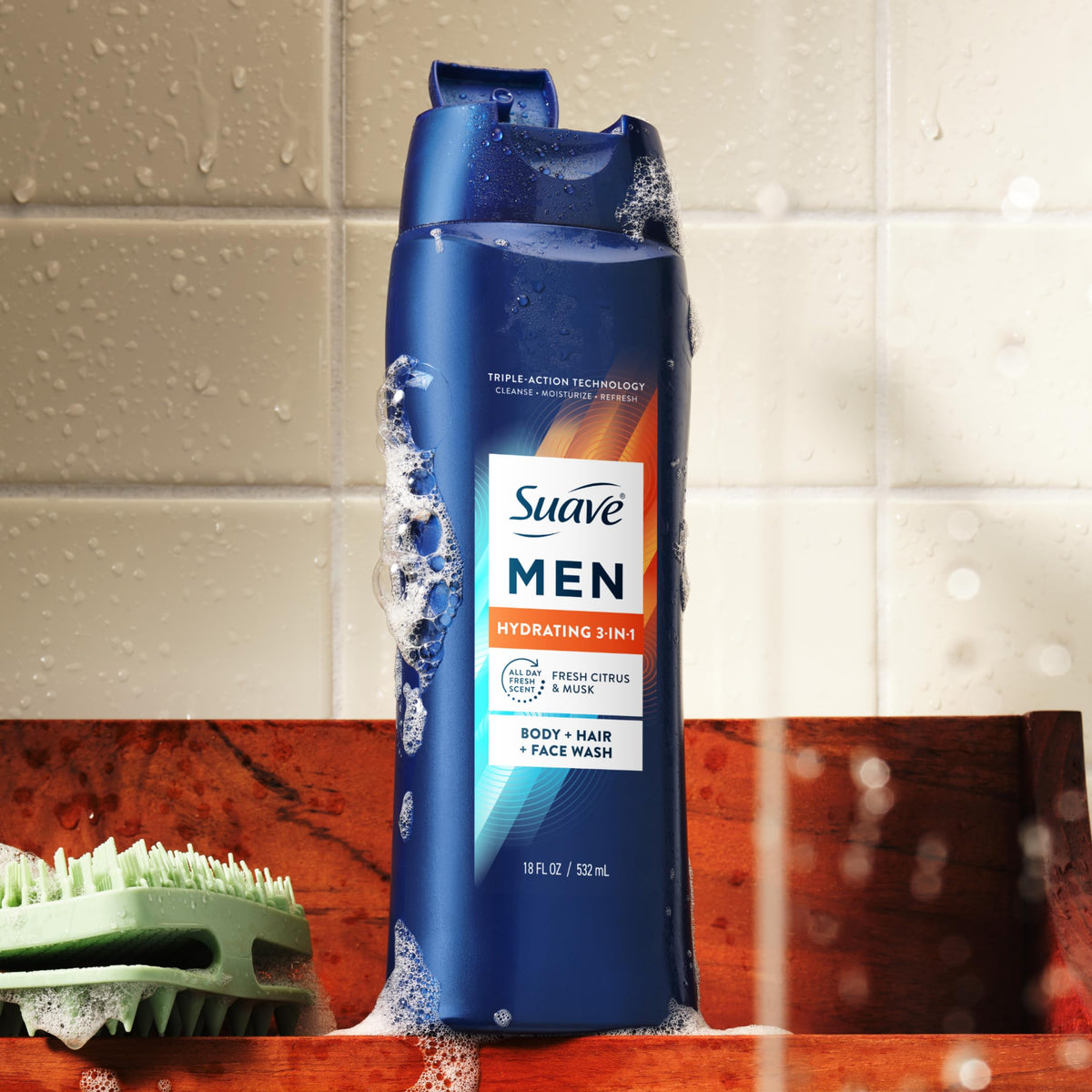 Suave fragrance notes depiction of citrus and musk emphasizing long-lasting freshness