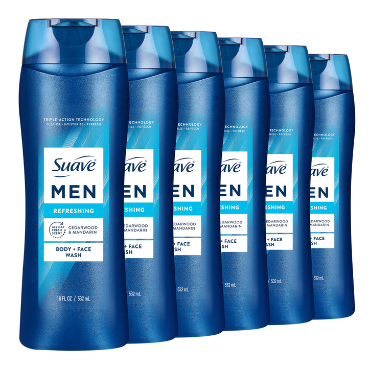 Suave men front packaging showing cedarwood and mandarin scent and clear benefit