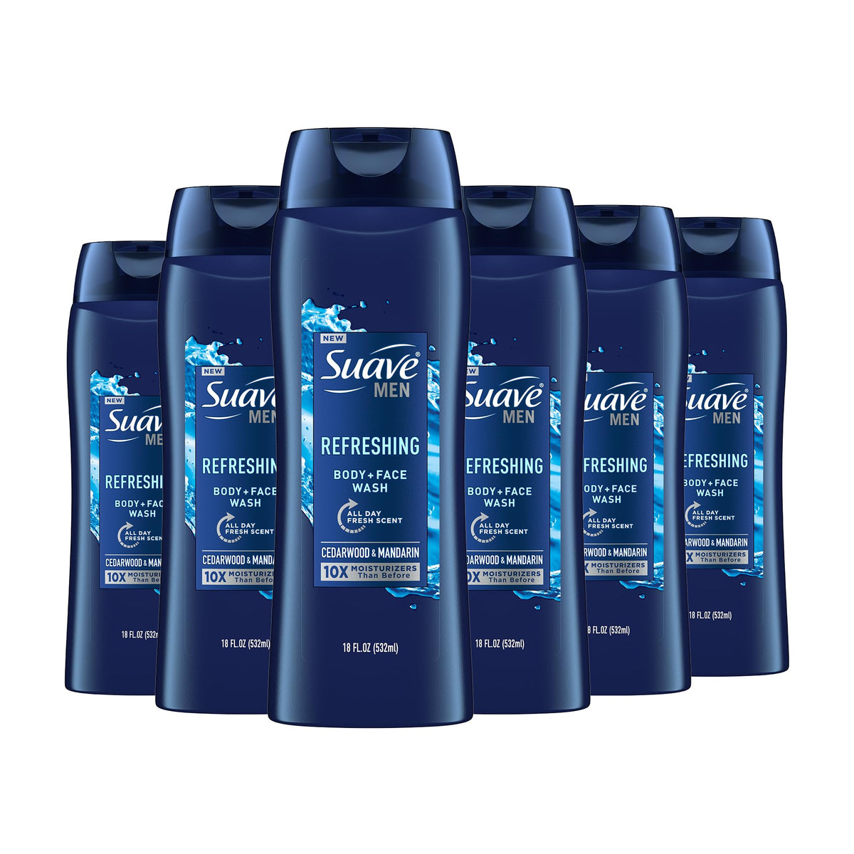 Suave Men front packaging showing cedarwood and mandarin scent and benefits