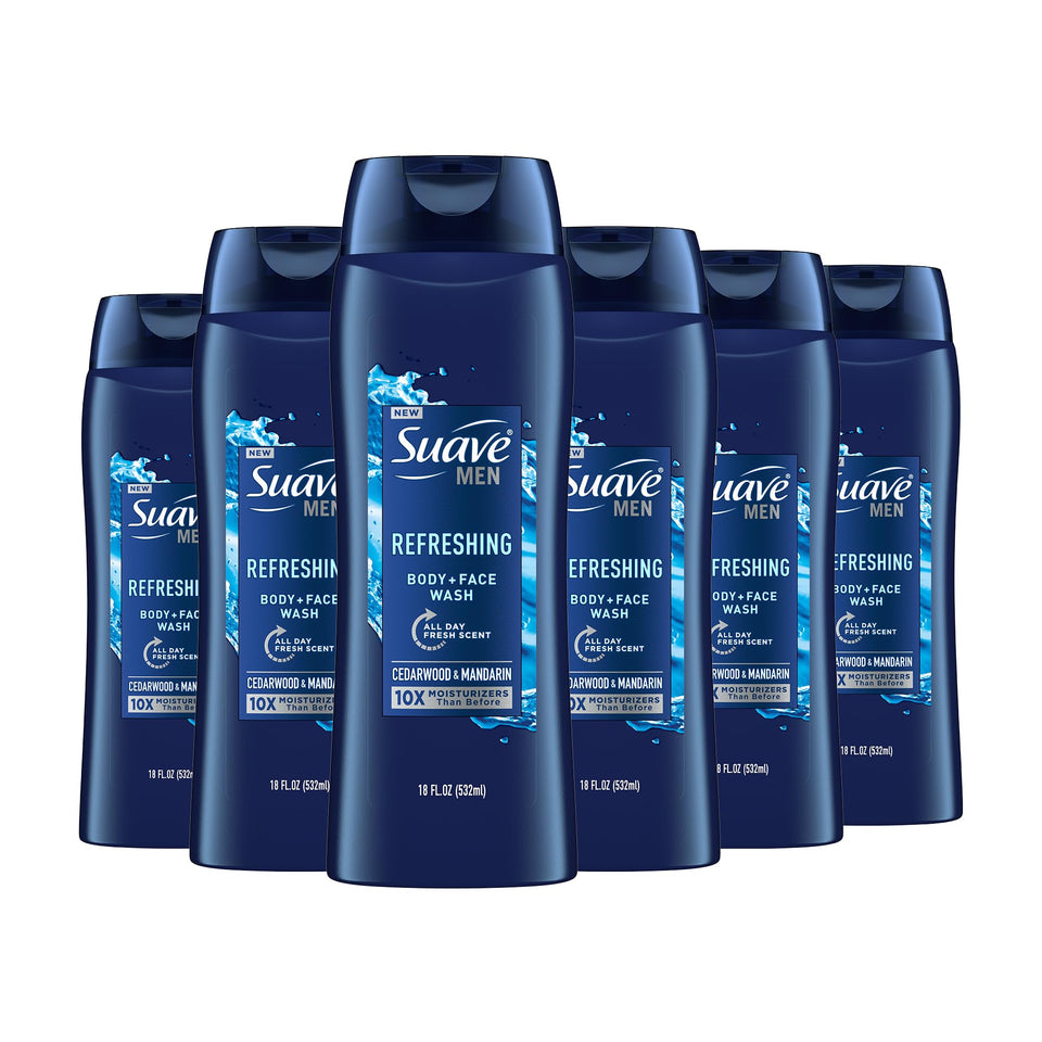 Suave Men front packaging showing cedarwood and mandarin scent and benefits