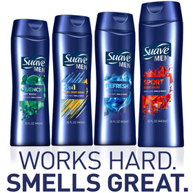 Suave Men label highlighting recycled plastic packaging and cruelty-free