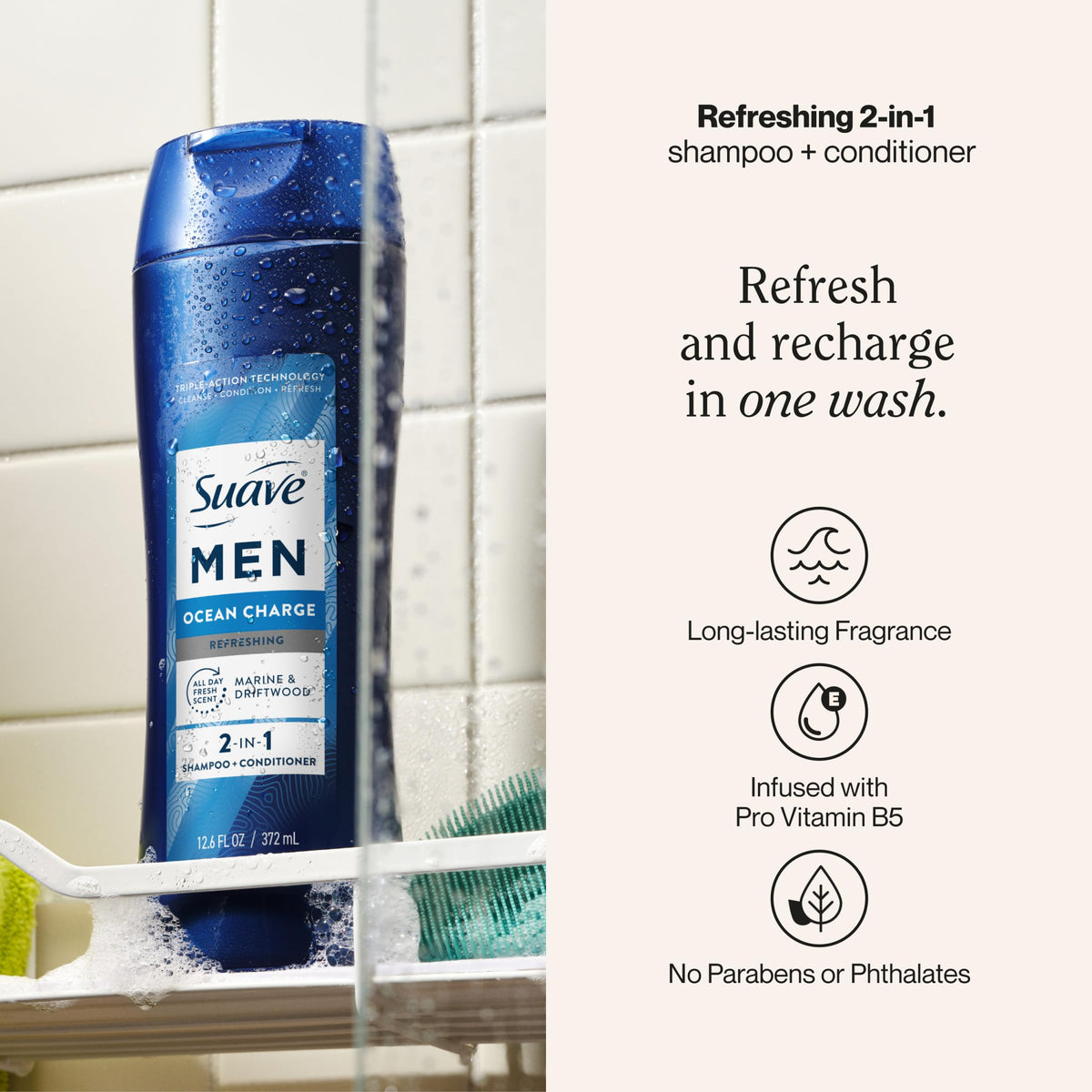 Suave bottle back label details with ingredients and directions for easy use