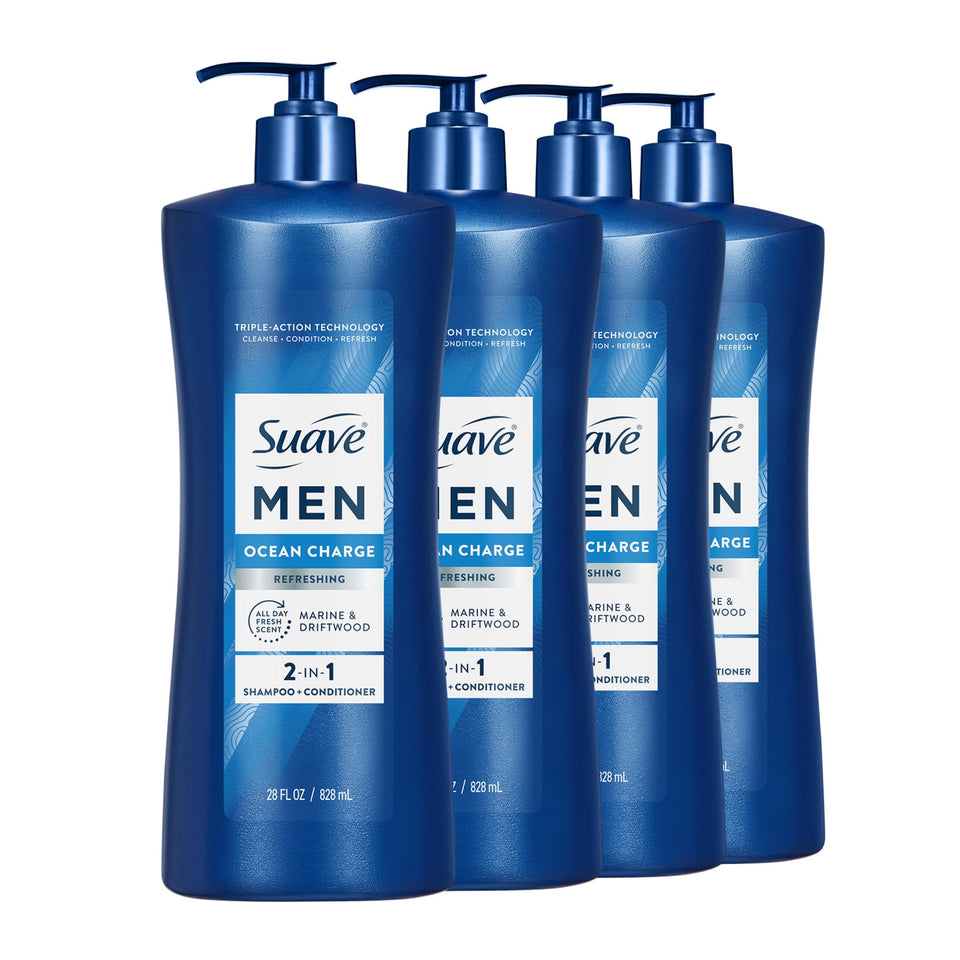Suave men Ocean Charge front pump bottle showing product and brand benefits