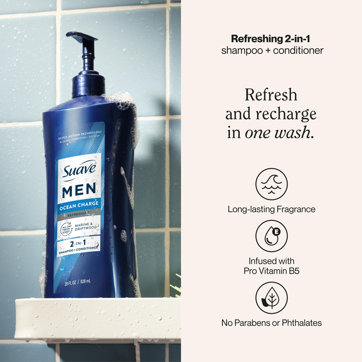 Closeup of Suave men Ocean Charge label highlighting scent and Pro Vitamin B5