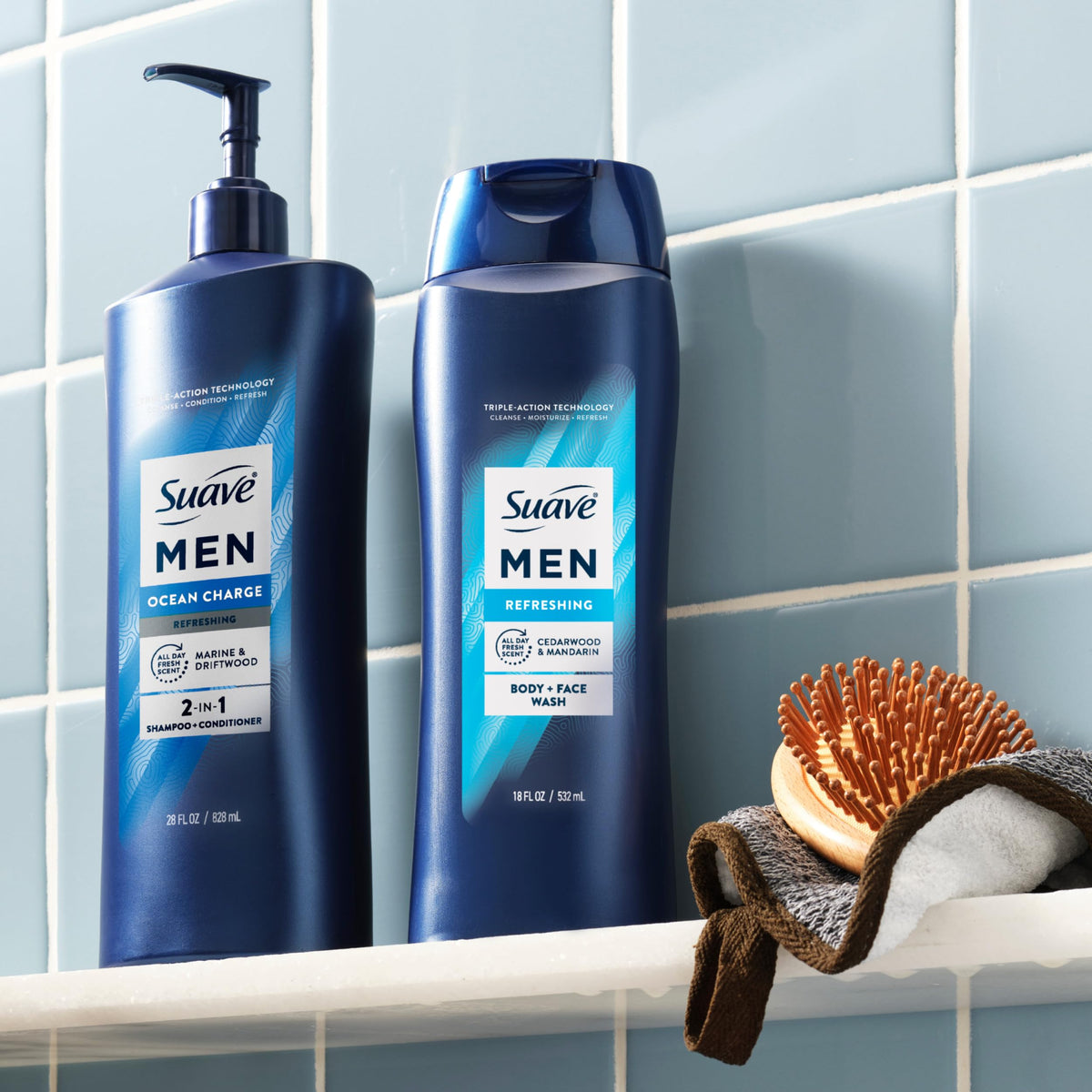 Suave men Ocean Charge on bathroom shelf illustrating everyday grooming setup