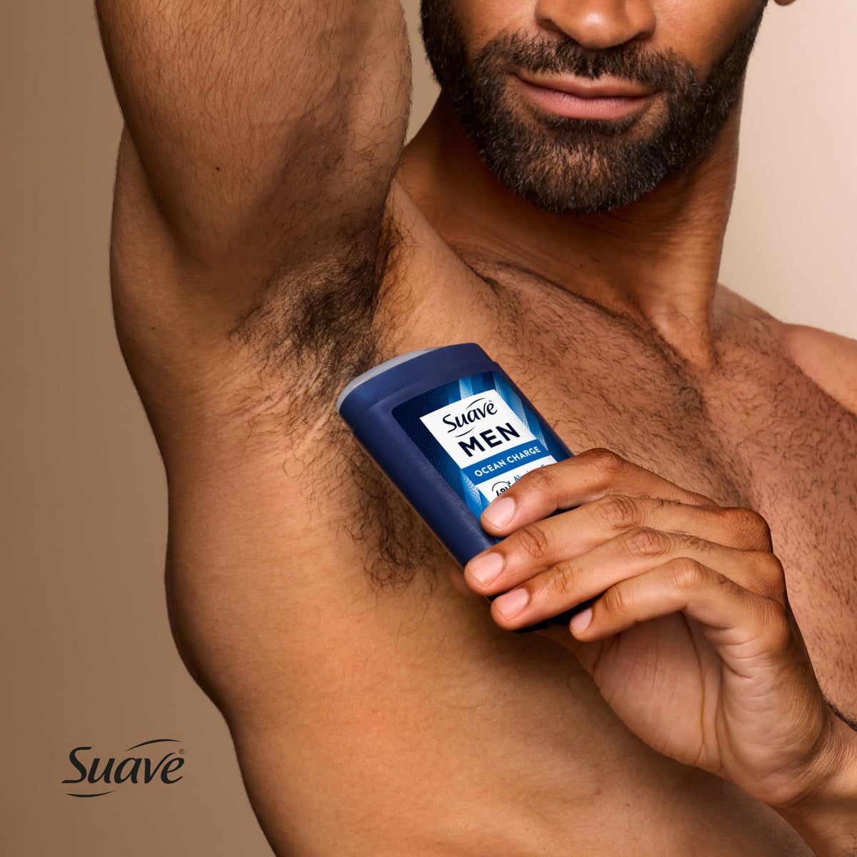 Suave Men stick in hand to display travel-friendly 2.7 oz size and portability
